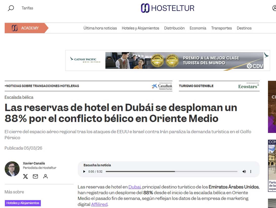 Las reservas de hotel en Dubái se desploman un 88% por el conflicto bélico en Oriente Medio